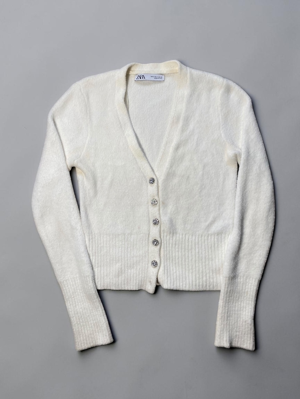 Zara Womens Cardigan Small S White Rhinestone Jewel Button Fuzzy Knit Sweater